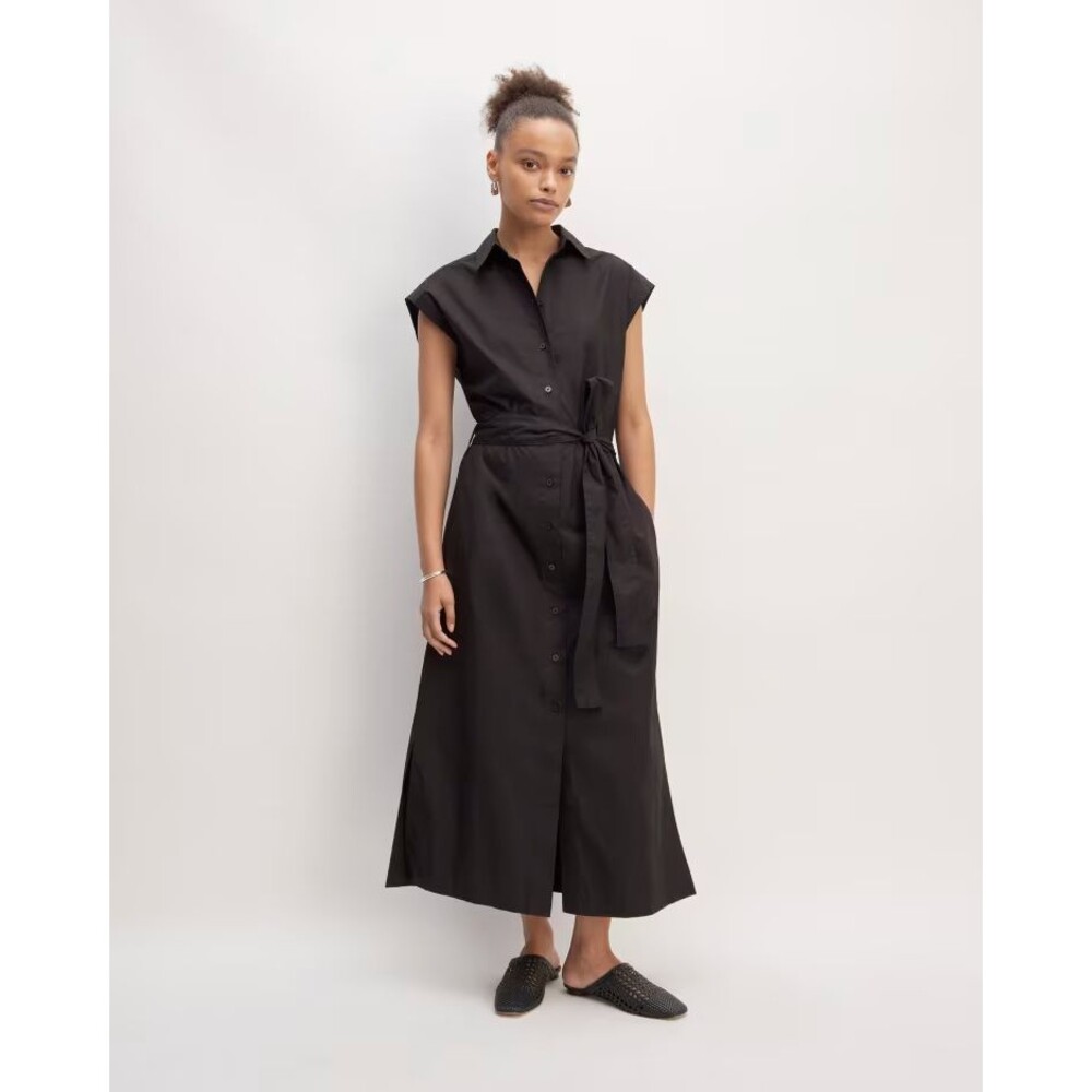 EVERLANE The Supima Cotton Short-Sleeve Shirt Dress 4 Black Woven-Knit NEW B54